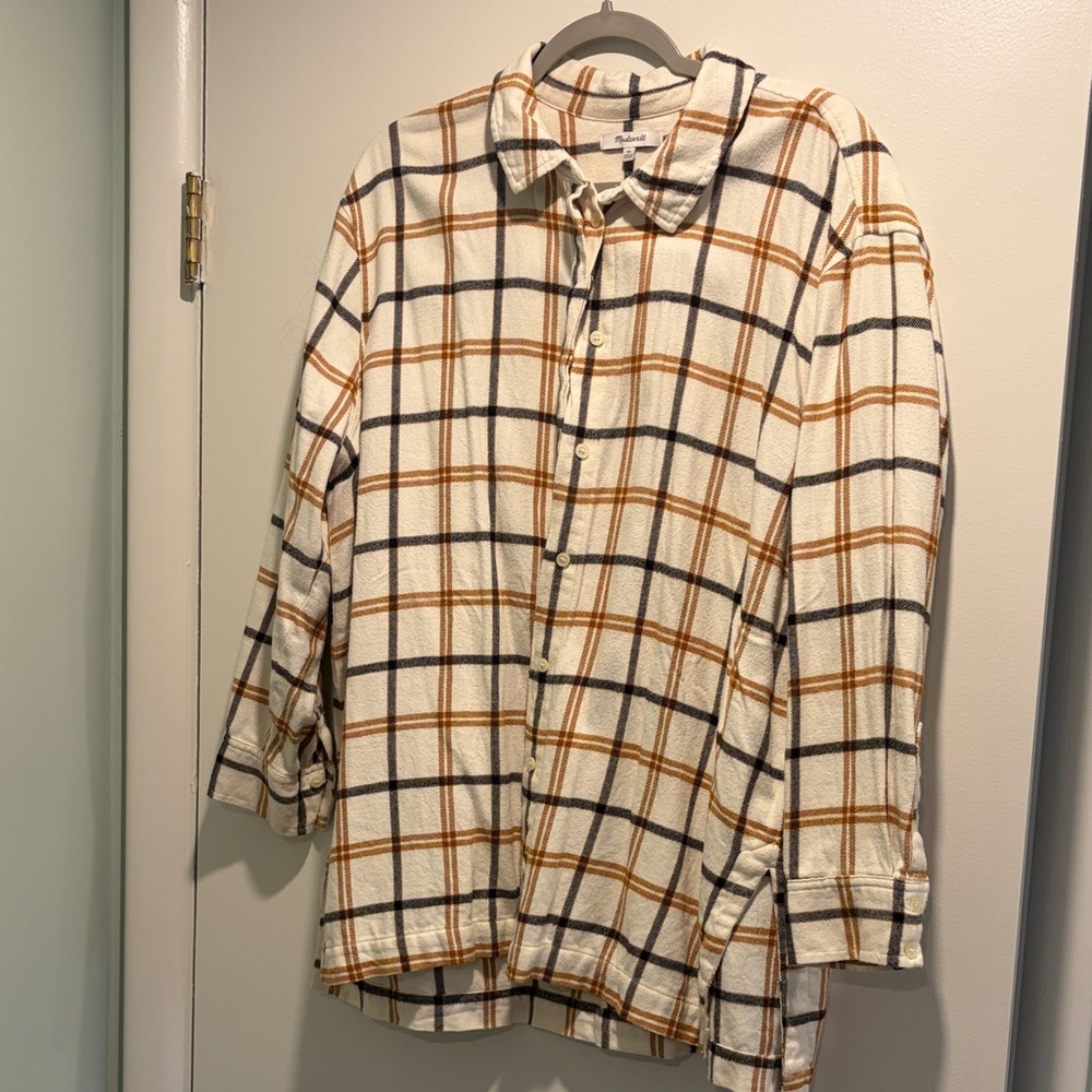 Madewell Casual Plaid Shirt - Cream, Orange, and Black